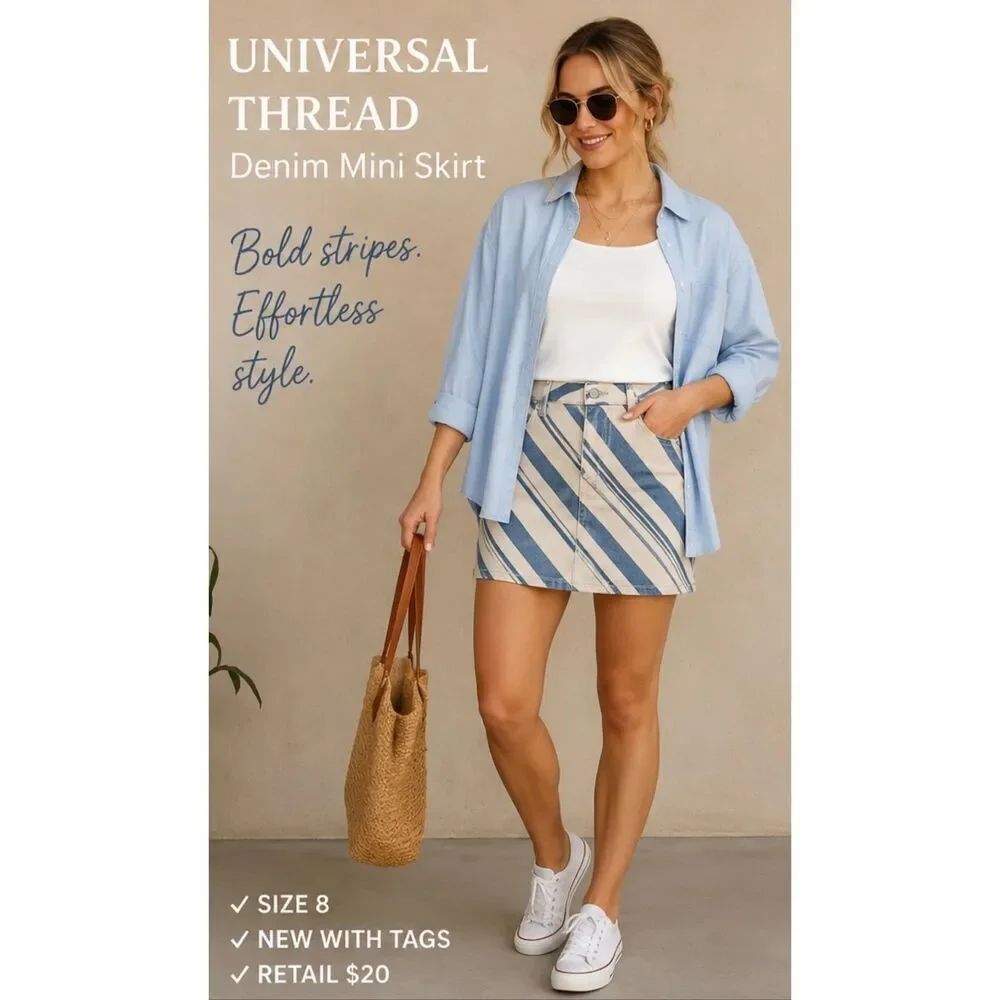 Universal Thread Striped Denim Mini Skirt Size 8 NWT Blue Cream Cotton Lyocell P